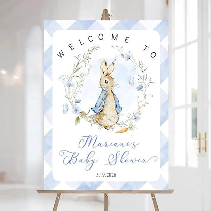 Personalized Bunny Rabbit Baby Shower Welcome Sign for Girl, Pink Peter Rabbit Theme, Greenery Bunny baby shower sign, Gift for Boys & Girls, Gender Reveal Decor, Birthday Party Favors (Style 18)