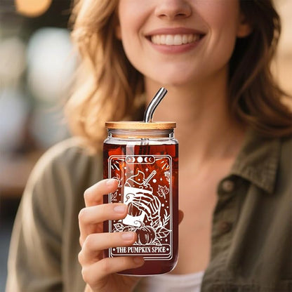 Tarot Cards Halloween Mug Skeleton Spooky Pumpkin Tarot Card Gifts for Tarot Lovers Women Coffee Lover, Gothic Skull Spooky Glass Cups Happy Halloweens Fall Birthday Gifts for Adults Women