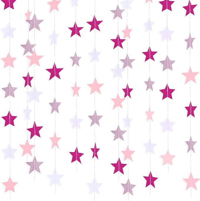 Patelai Glitter Star Garland Banner Christmas Decoration 130 Feet Star Hanging Bunting Banner Twinkle Backdrop for Homecoming Classroom Wedding Birthday Halloween Supplies(Pink,Rose Red,White)