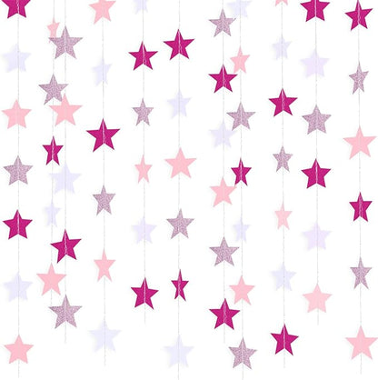 Patelai Glitter Star Garland Banner Christmas Decoration 130 Feet Star Hanging Bunting Banner Twinkle Backdrop for Homecoming Classroom Wedding Birthday Halloween Supplies(Pink,Rose Red,White)