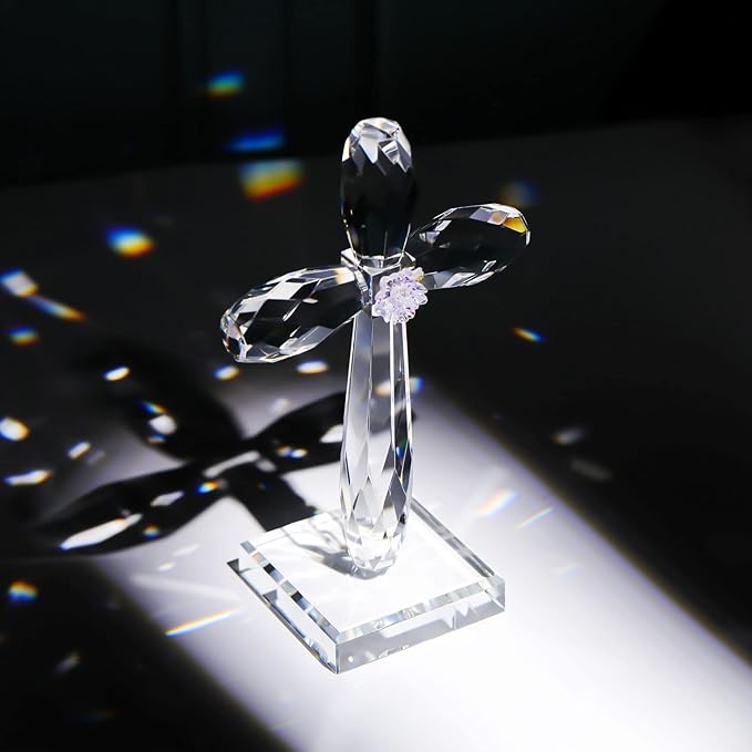 YWHL Crystal Standing Cross Decor, Religious Gifts for Women Men, Handmade Glass Holy Cross Collectible Figurines for Home Decoration, Easter Christmas Decoration for Pary