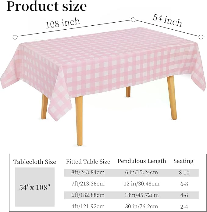 3 Packs Pink Checkered Tablecloth 54x108 Inches Rectangle Gingham Tablecloth Disposable Plastic Waterproof Table Cover for Outdoor Picnic Kitchen and Birthday Party