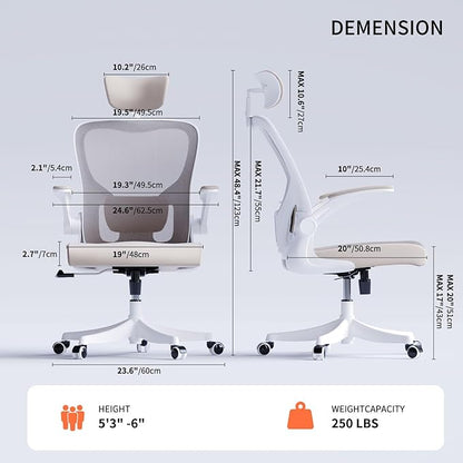 Monhey Office Chair Ergonomic Desk Chair with Lumbar Support&Headrest&Flip-up Arms Height Adjustable Rocking Swivel Computer Chair Multi-Angle from 90° to 125° with 350LBS Capacity (02White+Khaki)