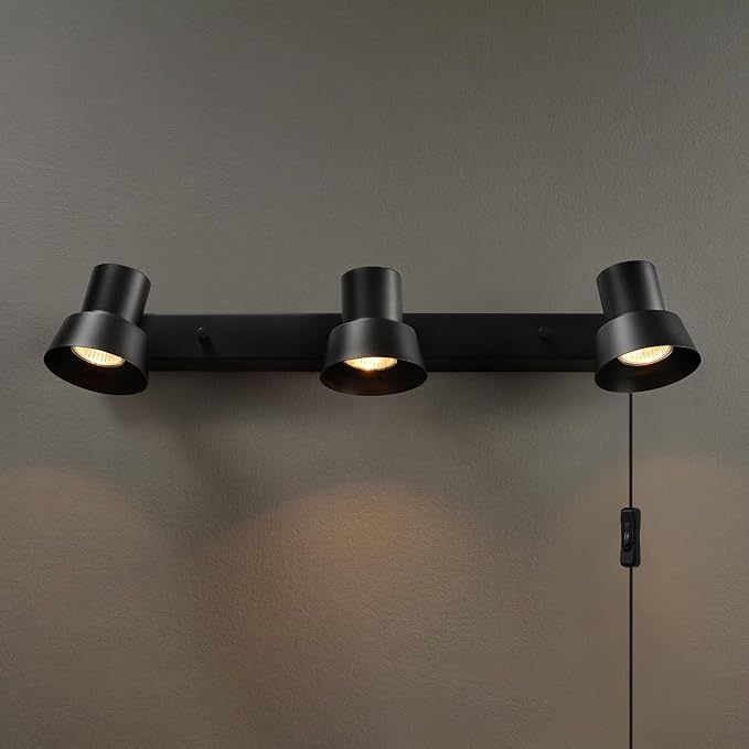 GLOBE Electric 64000115 22" 3-Light Plug-in Track Lighting, Matte Black, Adjustable Pivoting Heads, 15-Foot Cord, in-Line on/Off Rocker Switch, Modern Ceiling Light Fixture for Apartments or Renters