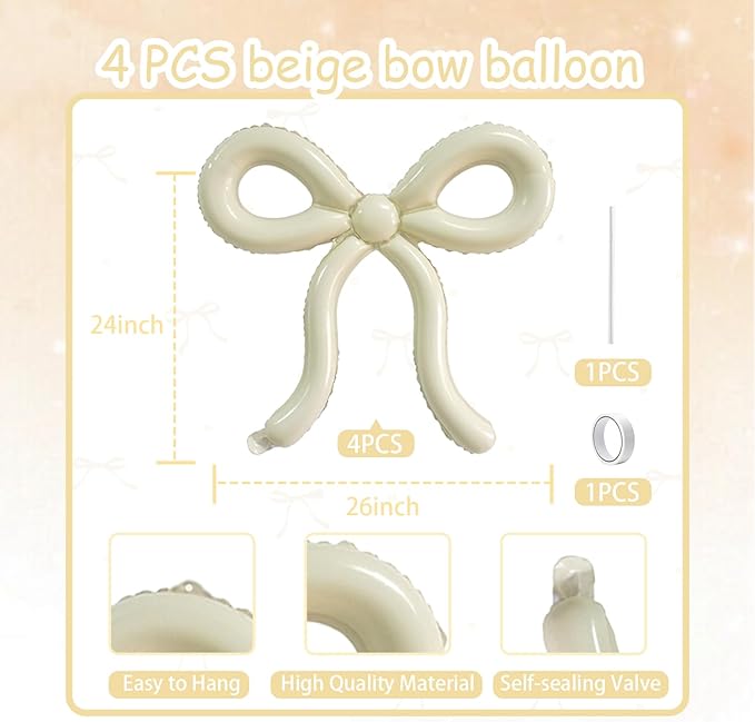 6 Pcs Beige Bow Balloons Cream White Bow Decorations for Girls Women Bow Themed Birthday Party Supplies for Baby Shower, Gender Reveal, Wedding, Bachelorette, One Silly Goose Event Decor