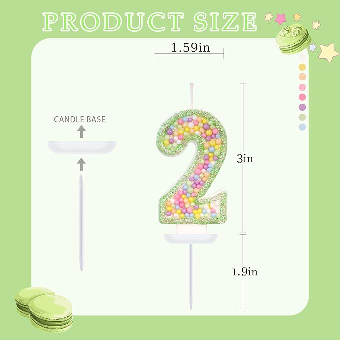 Birthday Candles - Number 2 Candle, Colorful Macaron Candles for Boys/Girls, Green Cake Decorations, Dinosaur Themed Party Supplies