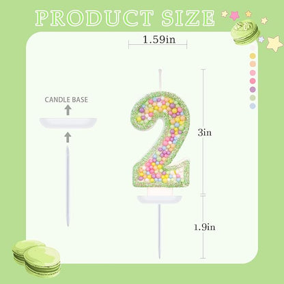 Birthday Candles - Number 2 Candle, Colorful Macaron Candles for Boys/Girls, Green Cake Decorations, Dinosaur Themed Party Supplies