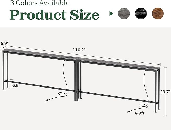 SUPERJARE 110.2 Inch Sofa Table with Power Outlets and USB-C Ports, 5.9 Inch Narrow Console Tables, Entryway Hallway Couch Tables with Storage, Behind Sofa, Small Spaces, Living Room, Charcoal Gray