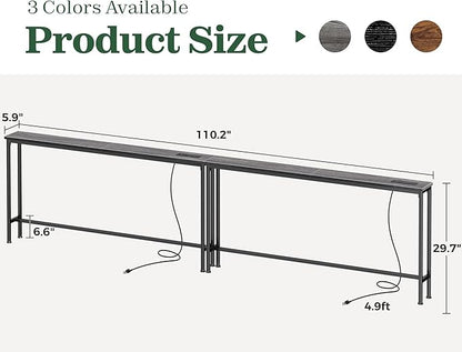 SUPERJARE 110.2 Inch Sofa Table with Power Outlets and USB-C Ports, 5.9 Inch Narrow Console Tables, Entryway Hallway Couch Tables with Storage, Behind Sofa, Small Spaces, Living Room, Charcoal Gray