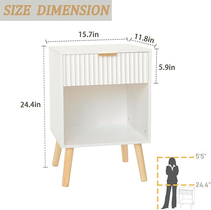 White Nightstand, Modern Bedside Table with Drawer and Opening Storage, Fluted End Side Table Living Room with Solid Wood Legs for Bedroom (White)