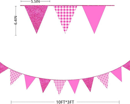 Hot Pink Buffalo Plaid Party Decorations Pennant Banner Flag Hot Pink Glitter Paper Triangle Hanging Bunting for Birthday Bachelorette Baby Shower Anniversary Wedding Bridal Shower Hen Party Supplies