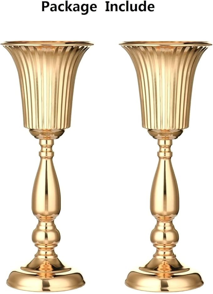 2 Pcs Gold Vase Centerpiece Table Decorations - Metal Tabletop Flower Stand, Wedding Decorations for Reception, 15.6in Trumpet Tall Flower Vase for Birthday, Weddings, Anniversary Ceremony, Home Decor