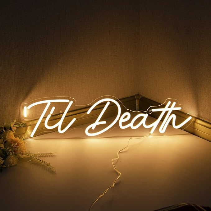 SYLHOME Large LED Neon Light Sign 'Til Death 24"X5.9" 12V Wedding Bridal Shower Neon Birthday Party Art Wall Decor Signs Bar Bedroom Living Room Decor Sign Love (With Adapter) Warm White