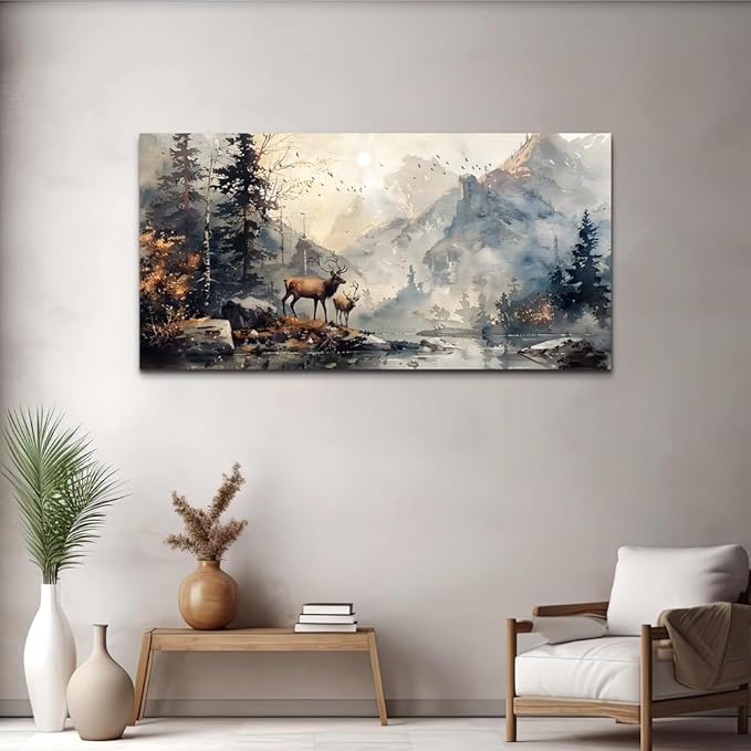 FUHAIHUA Canvas Wall Art For Living Room Large Wall Decor For Office Bedroom Wall Pictures Mountain Forest Landscape Ink Paintings Modern Poster Prints Artwork Room Home Decor Deer Mural 24x48 In