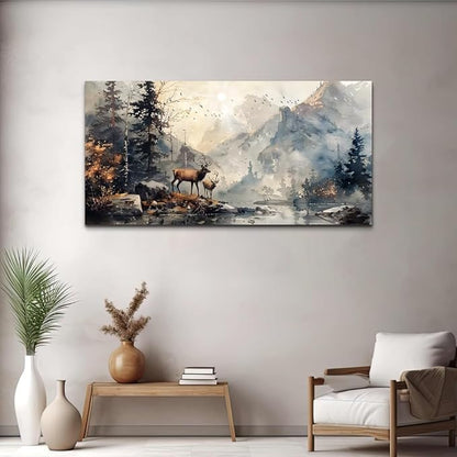 FUHAIHUA Canvas Wall Art For Living Room Large Wall Decor For Office Bedroom Wall Pictures Mountain Forest Landscape Ink Paintings Modern Poster Prints Artwork Room Home Decor Deer Mural 24x48 In