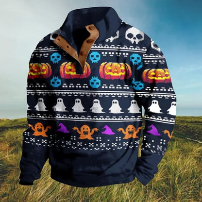 Mens Western Halloween Hoodie Button Up Henley Shirt Cowboys Sweatshirt Men Graphic Long Sleeve Pullover Tops