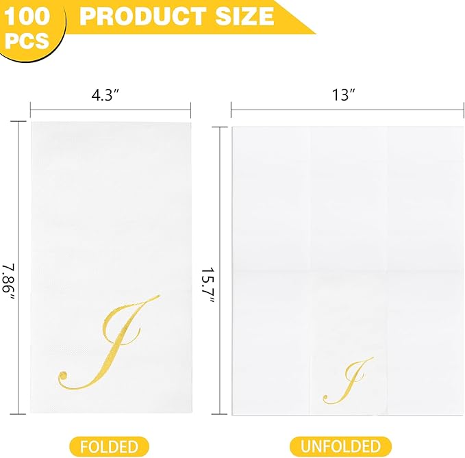 BUCLA 100PCS Gold Monogram Paper Napkins Letter J - Disposable Paper Napkins Elegant Metallic Golden Foil Gold Paper Napkin for Wedding, Birthday Party&Thanksgiving