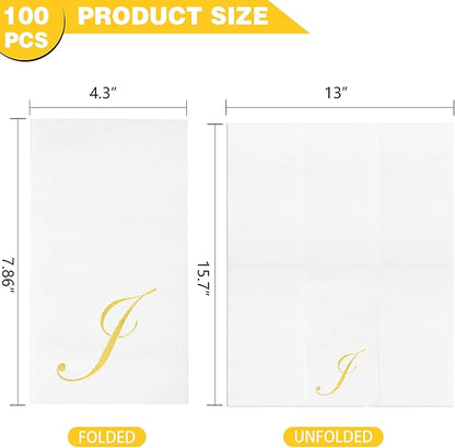 BUCLA 100PCS Gold Monogram Paper Napkins Letter J - Disposable Paper Napkins Elegant Metallic Golden Foil Gold Paper Napkin for Wedding, Birthday Party&Thanksgiving