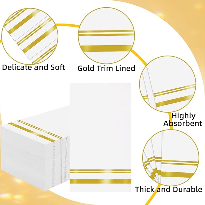 100 Pcs White and Gold Napkins - Gold Paper Napkins Disposable - Premium Quality Gold Dinner Napkins for Bathroom Kitchen Wedding Birthday Anniversary Party
