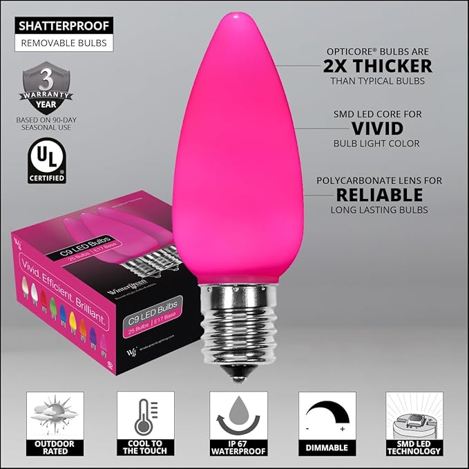 Wintergreen Lighting C9 OptiCore LED Commercial Outdoor Christmas Lights – Heavy Duty Christmas String Lights; Green Wire (25 Lights, 25 ft, Pink Smooth/Opaque)