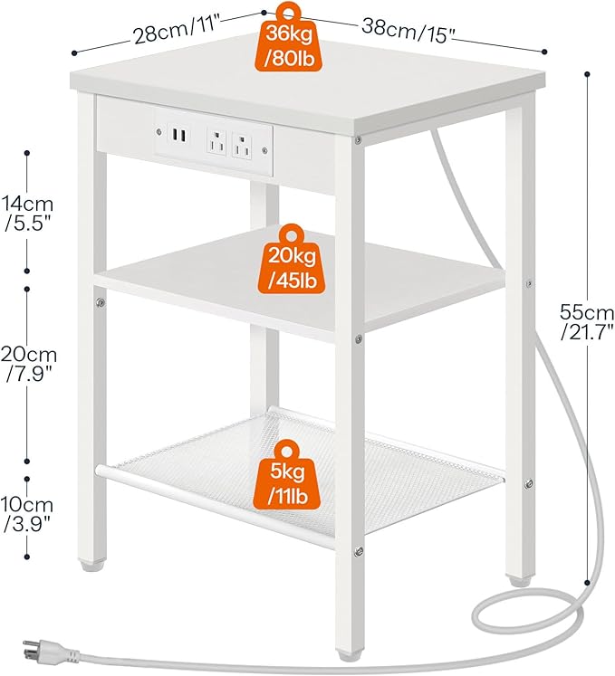 HOOBRO Side Tables Set of 2 with Charging Station and USB Port, Small End Tables for Small Space, 3-Tier Nightstands with Adjustable Shelf, for Living Room, Bedroom, White WW112BZP201