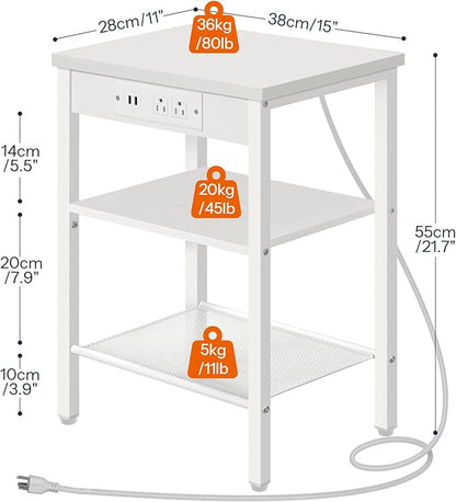 HOOBRO Side Tables Set of 2 with Charging Station and USB Port, Small End Tables for Small Space, 3-Tier Nightstands with Adjustable Shelf, for Living Room, Bedroom, White WW112BZP201