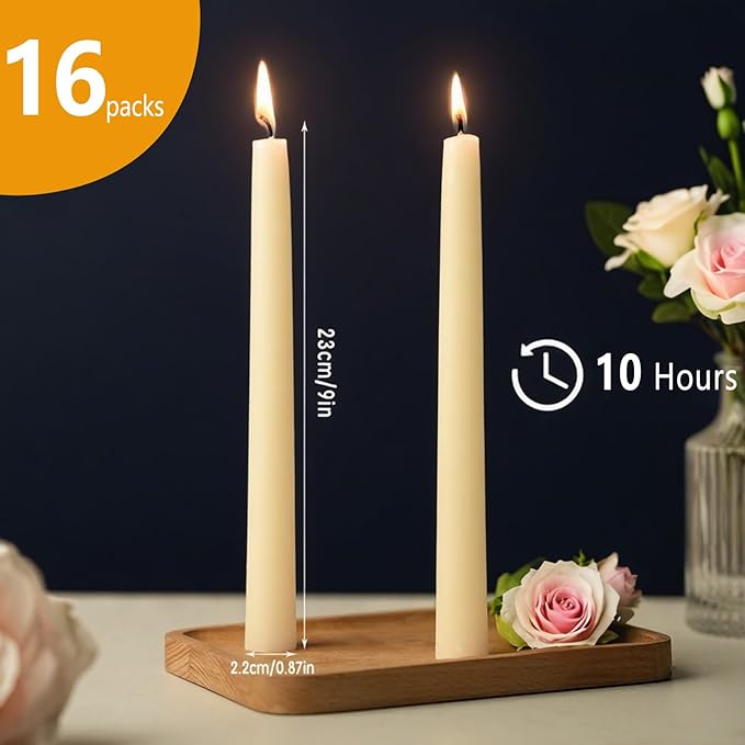 16 Packs Beeswax Taper Candles White, 9 Inch Long Beeswax Candle Sticks - 10 Hour Burn Time - Smokeless & Dripless Natural Taper Candles for Table Decor, Unscented Bee Wax Tapered Candle