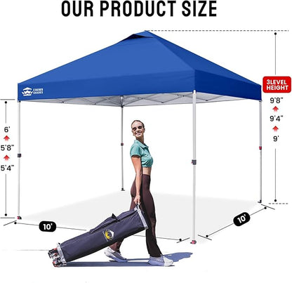 CROWN SHADES 10x10 Pop Up Canopy - Beach Tent with One Push Setup - Easy Outdoor Sun Shade for Events, Parties, Camping - Gazebo with STO-N-Go Cover Bag, Silver Coated Top, Blue