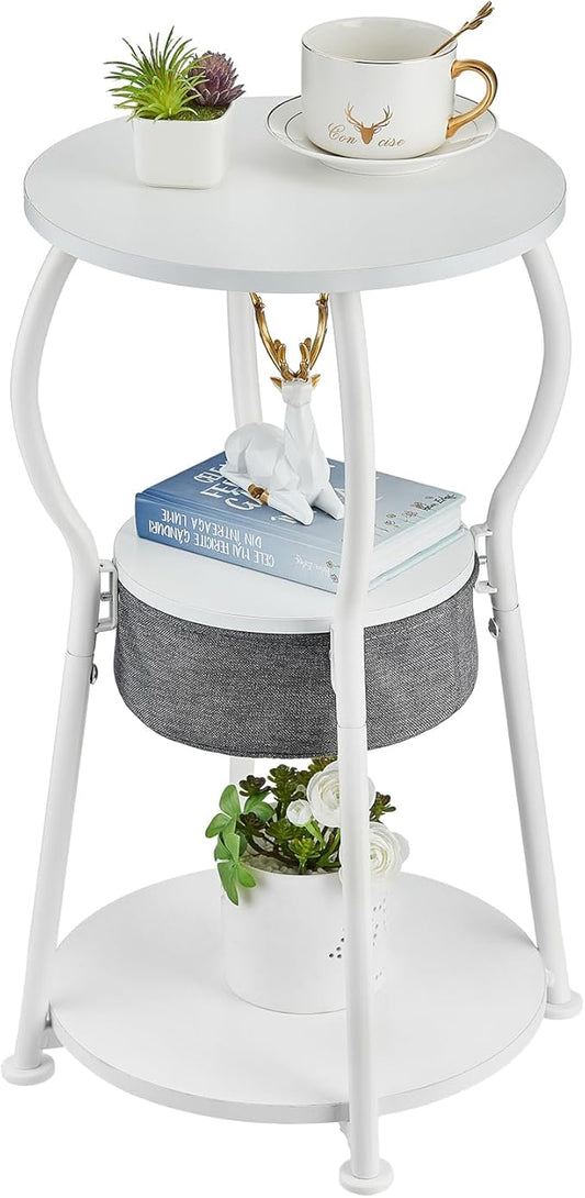 Small Round Side Table with Storage Bag, 3-Tier Accent Round End Table with Four Storage Functions for Living Room, 21.6" H Vintage Smalls Corner Table for Small Spaces Nightstand Bedroom