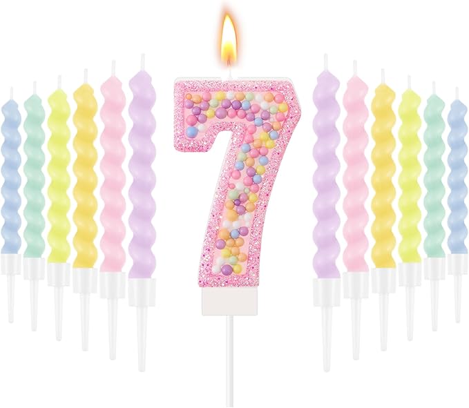 MTLEE Number 7 Birthday Candle with 12 Pcs Spiral Candles for Girls Macaron Pastel Rainbow Unicorn Pink Cake Topper for Sweet Theme Party Decoration