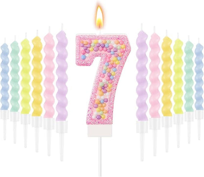 MTLEE Number 7 Birthday Candle with 12 Pcs Spiral Candles for Girls Macaron Pastel Rainbow Unicorn Pink Cake Topper for Sweet Theme Party Decoration