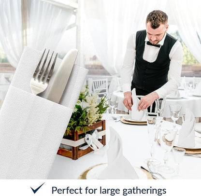 PAW - White Linen Feel Napkins with Built-in Flatware Pocket, Soft and Absorbent Paper Pre-Folded Napkins, Guest Towels, Wedding Party, Dinner, Birthday, Gatherings, 50 Count