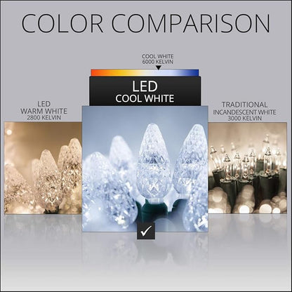 24 ft 70 Count C6 LED Cool White Christmas Lights, Green Wire Indoor/Outdoor Commercial Grade String for Holiday and Tree Lighting