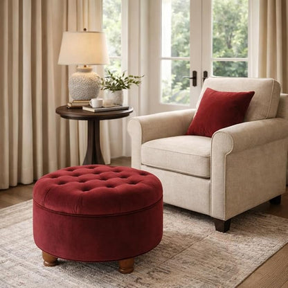 Homepop Home Decor |N8264-B119 | Large Button Tufted Velvet Round Storage Ottoman | Ottoman with Storage for Living Room & Bedroom, Berry