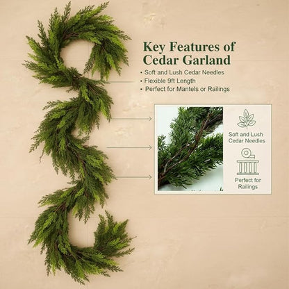 9ft Christmas Real Touch Garlands with Withered Branches,Suitable for Gifting,Artificial Cedar Pine Garland for Christmas Decorations Home Indoor Stairs Table Fireplace Outdoor Holiday