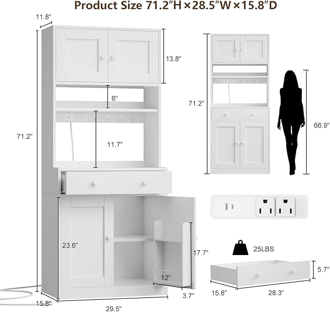 71" Tall Kitchen Pantry Storage Cabinet with Power Outlet & LED Light, Freestanding Food Pantry Cabinet with 4 Doors and Shelves, Cupboard with Drawer, Hutch with Microwave Stand, White