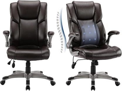 COLAMY Leather Executive Office Chair- High Back Home Computer Desk Chair with Padded Flip-up Arms, Adjustable Tilt Lock, Swivel Rolling Ergonomic Chair for Adult Working Study-Brown, Set of 2