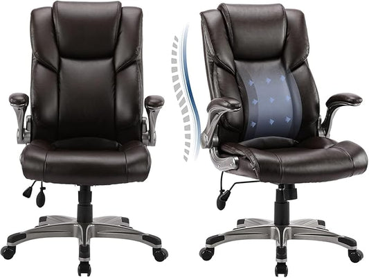 COLAMY Leather Executive Office Chair- High Back Home Computer Desk Chair with Padded Flip-up Arms, Adjustable Tilt Lock, Swivel Rolling Ergonomic Chair for Adult Working Study-Brown, Set of 2