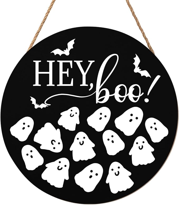 Hey Boo Sign 12x12 Inch Halloween Wreaths for Front Door Halloween Ghost Wood Door Hanger Black Boo Sign Farmhouse Holiday Decorations Wall Hanging Plaque for Trick or Treat Party Inside Outside