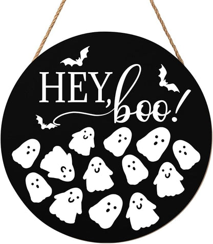 Hey Boo Sign 12x12 Inch Halloween Wreaths for Front Door Halloween Ghost Wood Door Hanger Black Boo Sign Farmhouse Holiday Decorations Wall Hanging Plaque for Trick or Treat Party Inside Outside