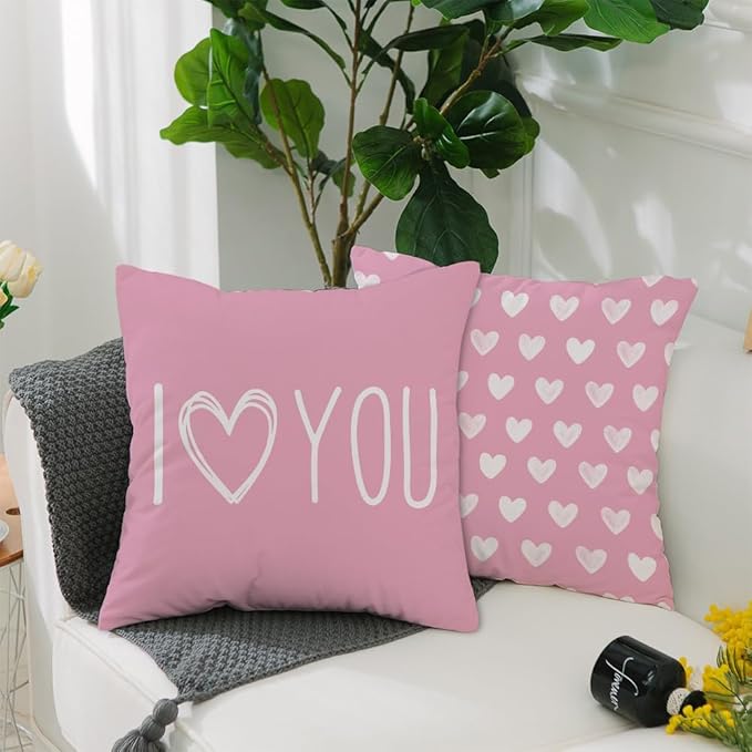 GEEORY Valentines Day Pillow Covers 18 x 18 inch Set of 4 for Valentine Decor Pink Stripes Love Heart I Love You Decorative Throw Pillows Cushion Cases for Sofa Couch Decorations G448-18