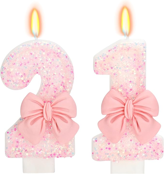 21st Birthday Candles for Cake, Pink Bow Number Cake Candles, 2.76 inch Number Happy Birthday Candle, Cake Topper Decoration for Birthday Party (Number 21)