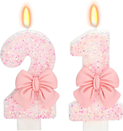21st Birthday Candles for Cake, Pink Bow Number Cake Candles, 2.76 inch Number Happy Birthday Candle, Cake Topper Decoration for Birthday Party (Number 21)