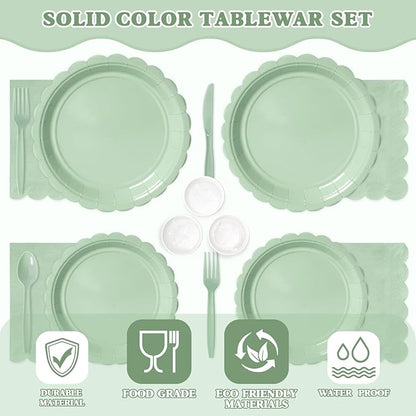 Vyntra 350 PCS Disposable Plates for Boho Party, Paper Plates & Napkins Set with Cups, Knives, Forks, Spoons, 7'' Dessert and 9'' Dinner Plates for Wedding, Baby Shower, Birthday - Sage Green