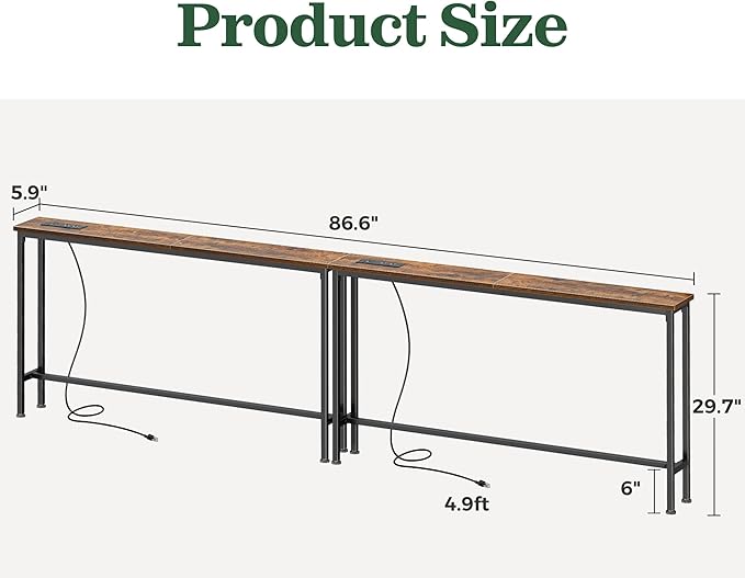 SUPERJARE 86.6 inch Narrow Console Table with Outlet, Sofa Tables, Behind Couch Table, Long Entryway Tables with Charging Station, for Living Room, Rustic Brown