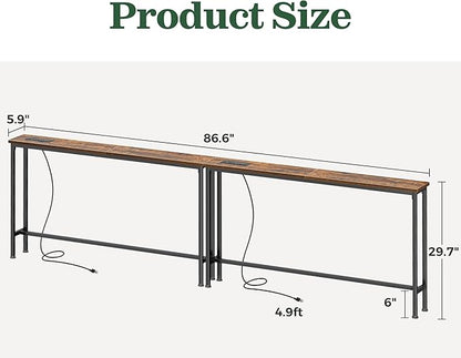 SUPERJARE 86.6 inch Narrow Console Table with Outlet, Sofa Tables, Behind Couch Table, Long Entryway Tables with Charging Station, for Living Room, Rustic Brown