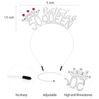 VELSCRUN 50th Birthday Queen Headband, Tiara Crown for Women, 50th Birthday Decorations for Her, Birth Queen Tiaras Crowns Sash for Women Mom Birth Party Decoration Hair Accessories Silver