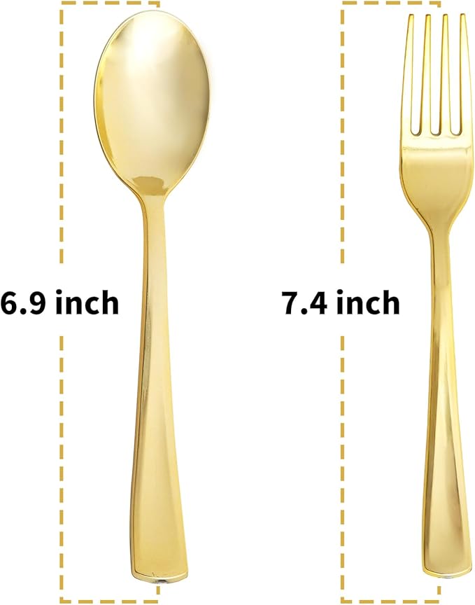 N9R 200PCS Gold Plastic Silverware, Heavy Duty Disposable Cutlery Set for Parties, gold forks and spoons disposable Includes 100 Gold Spoons and 100 Forks for Weddings, Birthday, Dinners
