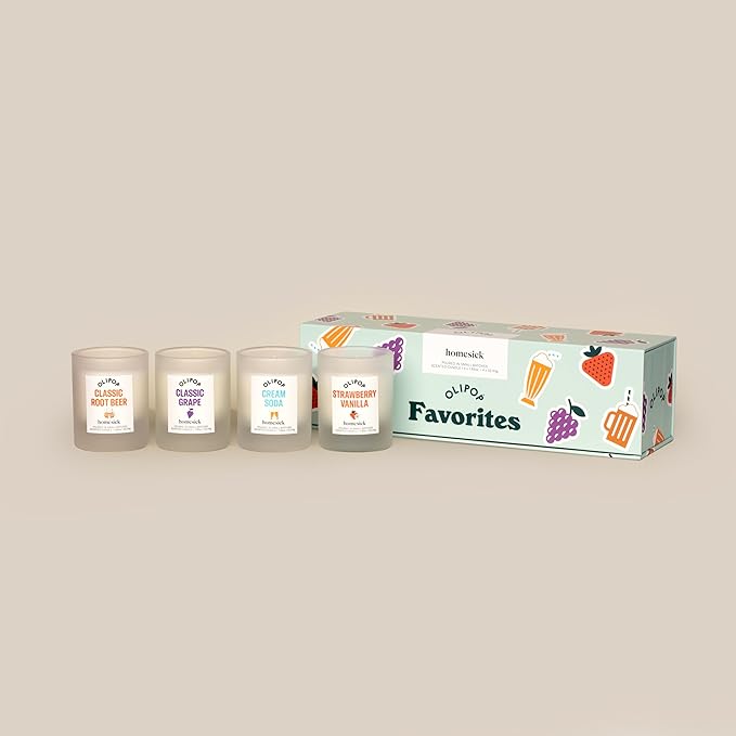 Homesick – Olipop Candle Variety 4-Pack – 1.85 oz Each Premium Scented Candles with Organic Cotton Wick, Natural Soy Wax Candle in Reusable Glass Jars, Wedding & Engagement Gifts for Couples