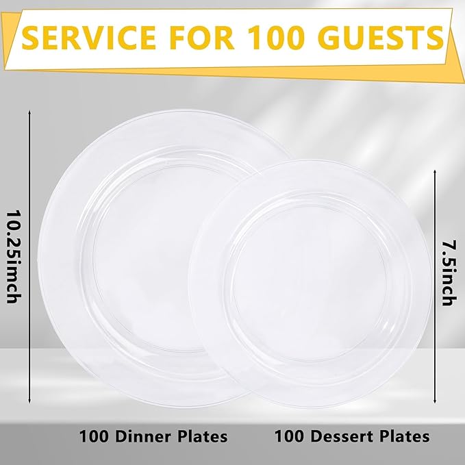 I00000 200PCS Clear Plastic Plates, Disposable Clear Plates for 100 Guests, Premium Dinner and Dessert Plate, Fancy Hard Plastic Party Plate for Wedding Christmas